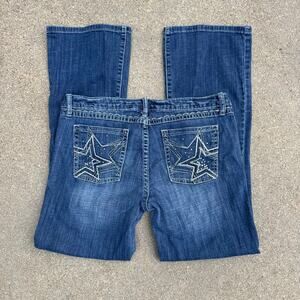 Y2K Wrangler Rock 47 Ultra Low Rise Boot Cut Blue Jeans 11x32 READ